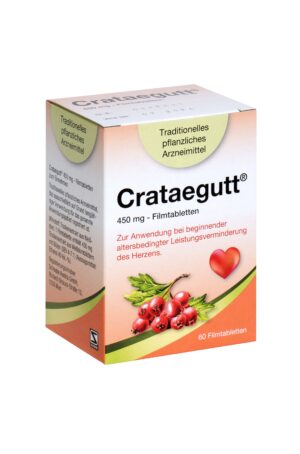 Schachtel CRATAEGUTT FTBL 450MG, mit Weißdornbeeren und einem Herzsymbol. Es gilt als traditionelles Kräuterheilmittel für altersbedingte Herzerkrankungen und enthält 60 Filmtabletten.