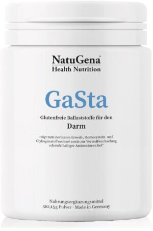 Weißer Kunststoffbehälter mit NATUGENA PLV GASTA VEGAN, gekennzeichnet als glutenfreier Ballaststoff für die Verdauung. Enthält 562,15 g Pulver und wird in Deutschland hergestellt.