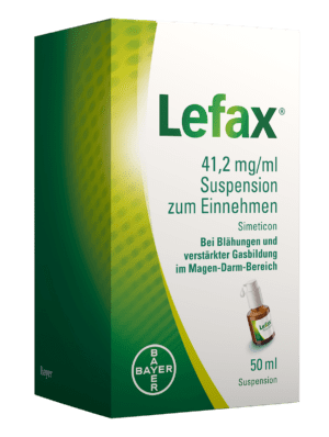 Packung mit 50 ml LEFAX 42,1 mg/ml Suspension zum Einnehmen zur Linderung von Magen-Darm-Blähungen.