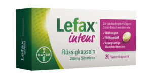LEFAX INTENS FLKPS: Schachtel mit 20 Weichkapseln, jede enthält 250 mg Simeticon, zur Linderung von Blähungen, Völlegefühl und krampfartigen Bauchschmerzen.