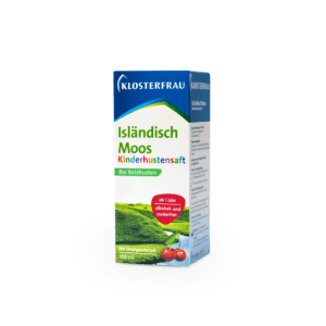 Schachtel KLOST ISLAEND.M KI HU-SFT, Klosterfrau Isländisch Moos Kinder-Hustensaft mit Kirschgeschmack, zuckerfrei und alkoholfrei, geeignet für Kinder ab 1 Jahr.