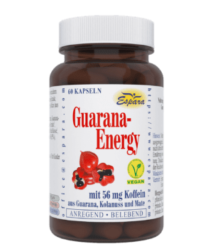 Eine Flasche GUARANA ENERGY KPS-Kapseln enthält 56 mg Koffein und ist mit Bildern der Guarana-Frucht und einem veganen Zertifikat auf dem Etikett versehen.