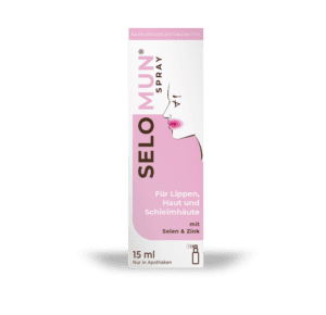 Das Etikett des 15 ml SELOMUN SPRAY zeigt eine Profilabbildung des Gesichts. Es ist für Lippen, Haut und Schleimhäute bestimmt und enthält Selen und Zink.