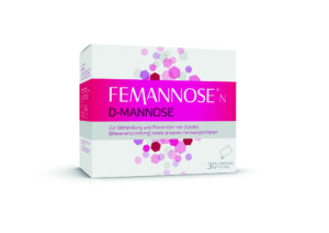 FEMANNOSE N D-Mannose Gran enthält 30 Portionsbeutel zur Behandlung und Vorbeugung von Blasenentzündungen und verfügt über ein rosafarbenes sechseckiges Design.