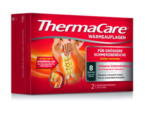 Deutsche ThermaCare FLEX.ANW.GROSS Wärmewickelbox zur Schmerzlinderung, spendet 8 Stunden Wärme. Mit einem Bild von jemandem, der sie auf dem Rücken verwendet. Enthält zwei Wickel.