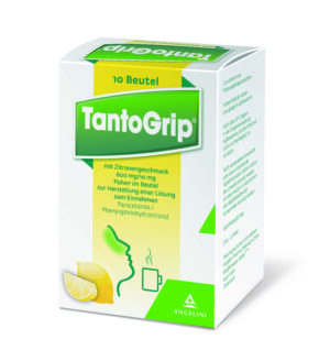 Schachtel TANTOGRIP ZITRO 600 MG/10 MG mit 10 Beuteln mit Zitronengeschmack, verziert mit Bildern von Zitronen und einer dampfenden Tasse.
