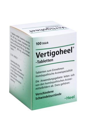 VERTIGO HEEL TBL von Heel, eine Packung mit 100 Tabletten zur Behandlung von Schwindelbeschwerden, verfügt über einen deutschen Verpackungstext mit Anwendungs- und Inhaltsangaben.