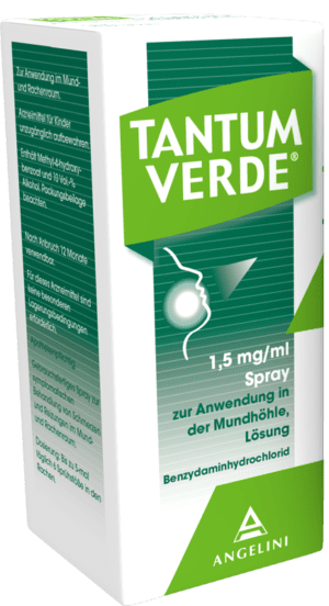 Schachtel mit TANTUM-VERDE MUNDSPRAY, 1,5 mg/ml Lösung zum Einnehmen. Text auf Deutsch.