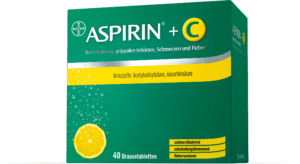 Eine Packung ASPIRIN C BRTBL mit Zitronenscheiben-Grafik lindert Erkältungen, grippale Infekte, Schmerzen und Fieber. Der Packungstext ist in deutscher Sprache und umfasst 40 Brausetabletten.