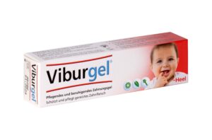 Schachtel VIBURGEL Zahnungsgel mit Babybild, deutschem Text und Produktsymbolen auf der Verpackung.