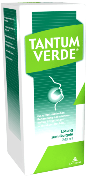 Eine 240 ml Dose TANTUM-VERDE LSG GURGELN, zur symptomatischen Linderung schmerzhafter Entzündungen im Mund- und Rachenraum.