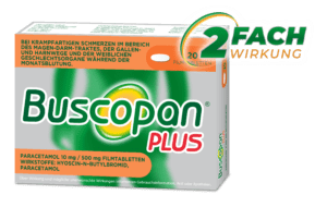 Schachtel BUSCOPAN PLUS PARACET.FTBL Tabletten mit deutscher Beschriftung, Inhalt 20 Filmtabletten gegen Magenkrämpfe. Enthält Hyoscin-N-butylbromid und Paracetamol für eine doppelte Wirkung.