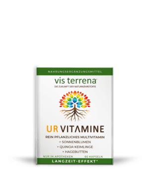 Die Packung VISTERRENA URVITAMINE KPS, ein pflanzliches Multivitaminpräparat mit Sonnenblume, Quinoasprossen und Hagebutte, enthält 60 Kapseln.