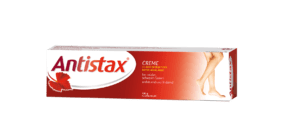 Schachtel ANTISTAX CR-Creme mit einem Bild von Beinen und dem Text „CREME“ sowie der Phrase „MIT DEM EXTRAKT DES ROTEN WEINLAUBS“.
