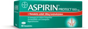 Eine Packung ASPIRIN PROTECT FTBL 100MG, bestehend aus 60 Filmtabletten, mit deutscher Beschriftung.