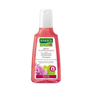 Flasche SH.RAUSCH MALVEN VOLUMEN Shampoo mit Malvenextrakt für feines Haar, mit grün-rosa Blumenetiketten.