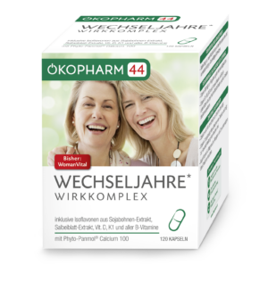 Schachtel mit OEKOPH WOMANVITAL MENOX KPS-Kapseln, auf der Vorderseite mit lächelnden Frauen. Enthält Isoflavone und Vitamine zur Unterstützung der Wechseljahre, 120 Kapseln im Inneren.