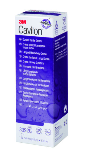 Schachtel CAVILON (3M) CR IMPROVED Creme mit mehrsprachigem Text und Angaben wie Nettogewicht (92 g) und Produktcode (3392G).