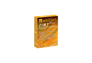 Schachtel WELLION ZIMT PLUS KPS Nahrungsergänzungsmittel mit Ginseng-Extrakt, orange-gelbe Verpackung und mehrsprachigem Text.