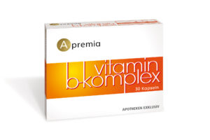 Schachtel „APREMIA VIT B-KOMPL KPS“ mit 30 Kapseln, überwiegend orange-weiß verpackt, mit der Aufschrift „Apotheken Exklusiv“.