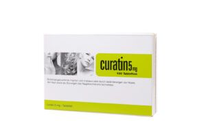 Eine Schachtel CURATIN TBL 5MG mit 100 Tabletten, gekennzeichnet durch ein Design mit Teilbildern von Haaren und Haut.