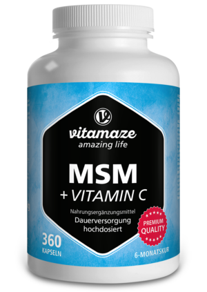 Das Produkt „MSM KPS +VIT C“ trägt ein blaues Etikett mit „Premium Qualität“ und „6-Monatskur“ und enthält 360 Kapseln.