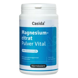Eine weiß-blaue MAGN CITR PLV VITAL-Dose ist als hochdosiert, frei von Zusatzstoffen und mit hoher Bioverfügbarkeit gekennzeichnet.