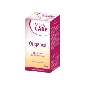 Schachtel mit META CARE PLV ORIGANOX Nahrungsergänzungsmittelpulver, 50 g, mit deutschem Text, der seine Eigenschaften und Qualität hervorhebt.