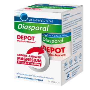 Eine Schachtel MAGN DIASP.DEPOT MUSKEL+NERV Tabletten mit deutscher Gebrauchsanweisung.
