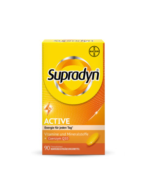 Gelbe und orangefarbene SUPRADYN ACTIVE FTBL-Vitaminbox mit Coenzym Q10, enthält 90 Tabletten für den täglichen Energieschub.