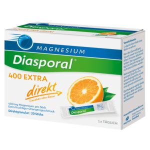 Schachtel MAGN DIASP.400 EXTR DIR.GRAN mit Orangengeschmack beinhaltet 20 Direktgranulatsticks, Verpackungsangaben in Deutsch.