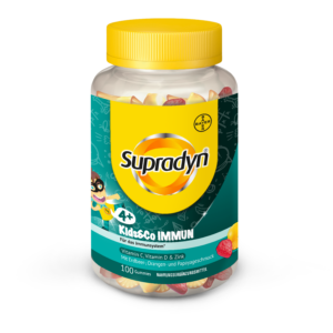 SUPRADYN KIDS +CO IMMUN GUM wird in einer Flasche mit gelbem Deckel geliefert, unterstützt das Immunsystem mit Vitamin C, D und Zink und enthält 100 Gummibärchen mit gemischtem Fruchtgeschmack.
