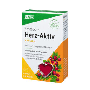 Schachtel PROTECOR HERZ-AKTIV KPS mit Herz- und Beeren-Grafik. Enthält Vitamine und Magnesium zur Unterstützung von Herz, Energie und Nerven. Deutsche Verpackung, 30 Kapseln enthalten.