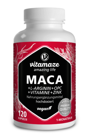 Weiße Flasche „MACA KPS 10:1 +L-ARGININ+OPC“ enthält L-Arginin, OPC, Vitamine und Zink. Enthält 120 Kapseln für einen Monatsvorrat. Vegan und Premiumqualität.