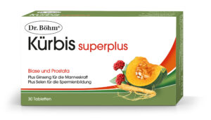Schachtel mit DR.BÖHM Kürbis TBL SUPERPL Tabletten, auf der Verpackung sind Kürbis, Ginseng und Beeren abgebildet.