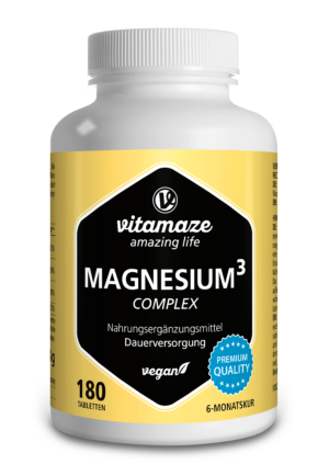 MAGN TBL KOMPL 350MG VEGAN von Vitamazè ist in einer gelb-weißen Flasche erhältlich und enthält 180 vegane Tabletten zur Nahrungsergänzung.