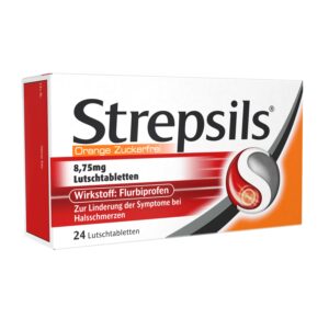 Schachtel mit STREPSILS LTBL 8,75 MG ORANGE Lutschtabletten, mit Flurbiprofen zur Linderung von Halsschmerzen, zuckerfrei, 24 Tabletten.