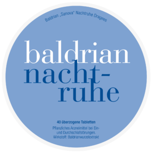 Runde blaue Verpackung mit der Aufschrift „BALDRIAN SANOVA NACHTRUHE“. Enthält 40 überzogene Tabletten gegen Schlafstörungen, mit Wirkstoff Baldrianwurzelextrakt.