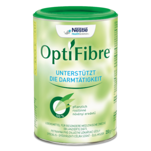 Ein 125-g-Behälter Nestlé Health Science OptiFibre mit grünem Deckel und deutschem Text zur Verdauungsunterstützung.