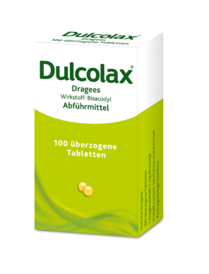 Schachtel DULCOLAX DRG, ein Abführmittel mit Bisacodyl, in grün-weißer Verpackung, beschriftet für 100 überzogene Tabletten.