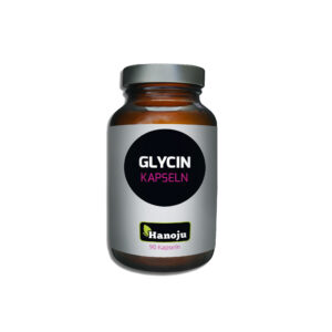 Braunes Glas mit der Aufschrift „GLYCIN KPS 600MG HANOJU“ mit 90 Kapseln und dem Markennamen „Hanoju“ auf der Unterseite.