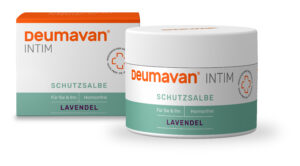 Die Verpackung von DEUMAVAN SCHUTZSLB LAV DS besteht aus einer Schachtel und einem Tiegel mit der Aufschrift „hormonfreie Schutzsalbe mit Lavendelduft für die Intimpflege“.