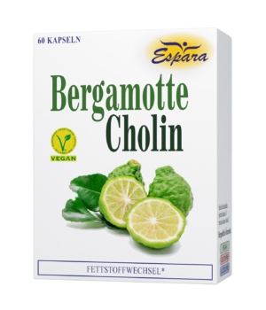 Eine Schachtel BERGAMOTTE-CHOLIN KPS-Kapseln mit der Aufschrift „vegan“ und Bildern der Bergamotte-Frucht.