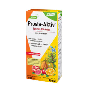 Schachtel PROSTA-AKTIV KR.TONIK SALUS für Männer, 250 ml, mit Fruchtbildern und Etiketten, die zeigen, dass es vegan und alkoholfrei ist.