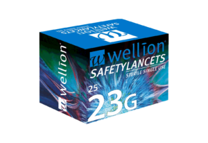 Schachtel WELLION SAFETY LANC 23G, sterile Lanzetten zum Einmalgebrauch mit abstraktem Verpackungsdesign in Blau und Blaugrün, enthält 25 Stück.