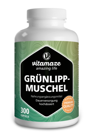 Eine weiße Flasche GRUENLIPPMU.KPS 500MG VEGAN-Kapseln trägt ein grünes Etikett, enthält 300 Kapseln und wird als Premiumqualität beschrieben.