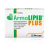 Schachtel mit ARMOLIPID PLUS TBL-Tabletten mit grünem und orangefarbenem Text, auf der Inhaltsstoffe wie Berberis aristata und Coenzym Q10 aufgeführt sind, hergestellt von Mylan.