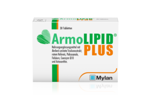 Schachtel mit ARMOLIPID PLUS TBL-Tabletten mit grünem und orangefarbenem Text, auf der Inhaltsstoffe wie Berberis aristata und Coenzym Q10 aufgeführt sind, hergestellt von Mylan.