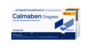Packung mit CALMABEN DRG, 50 mg, zur kurzfristigen Behandlung von Schlafstörungen. Enthält Diphenhydraminhydrochlorid. Die Verpackung trägt das Montavit-Logo.