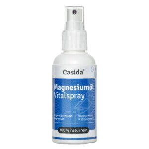Weiße Sprühflasche mit der Aufschrift „MAGN OEL VITALSPRAY“ von Casida, im blau-weißen Design, 100 % natürlich.
